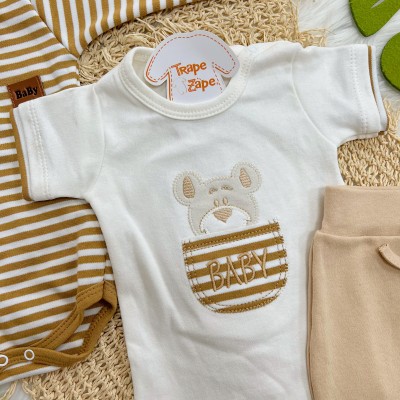Conj. de Malha 3 peças - Bear Baby Listrado - Areia e Off White